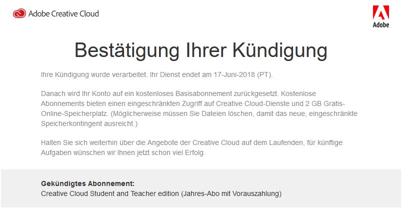 Adobe Creative Cloud - Bestätigung der Kündigung