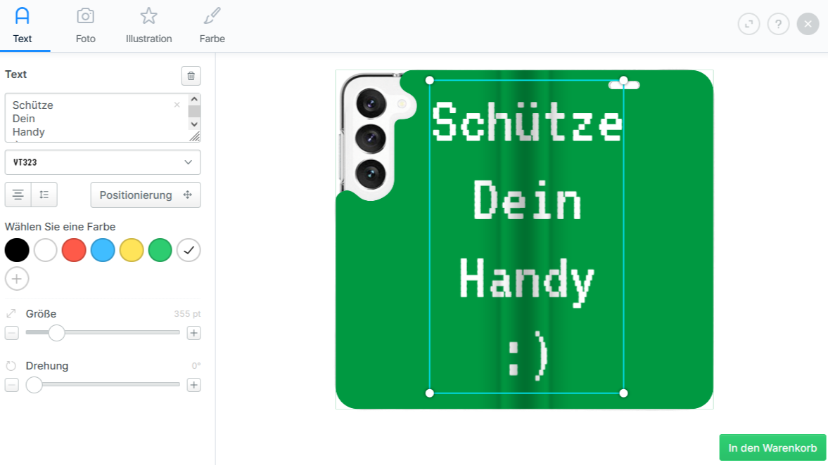 Screenshot von dem Shop handyhuellen.de – zu sehen ist das integrierte Tool, mit welchem man seine Handyhülle problemlos selbst designen und nach seinen eigenen vorstellen anpassen kann. 