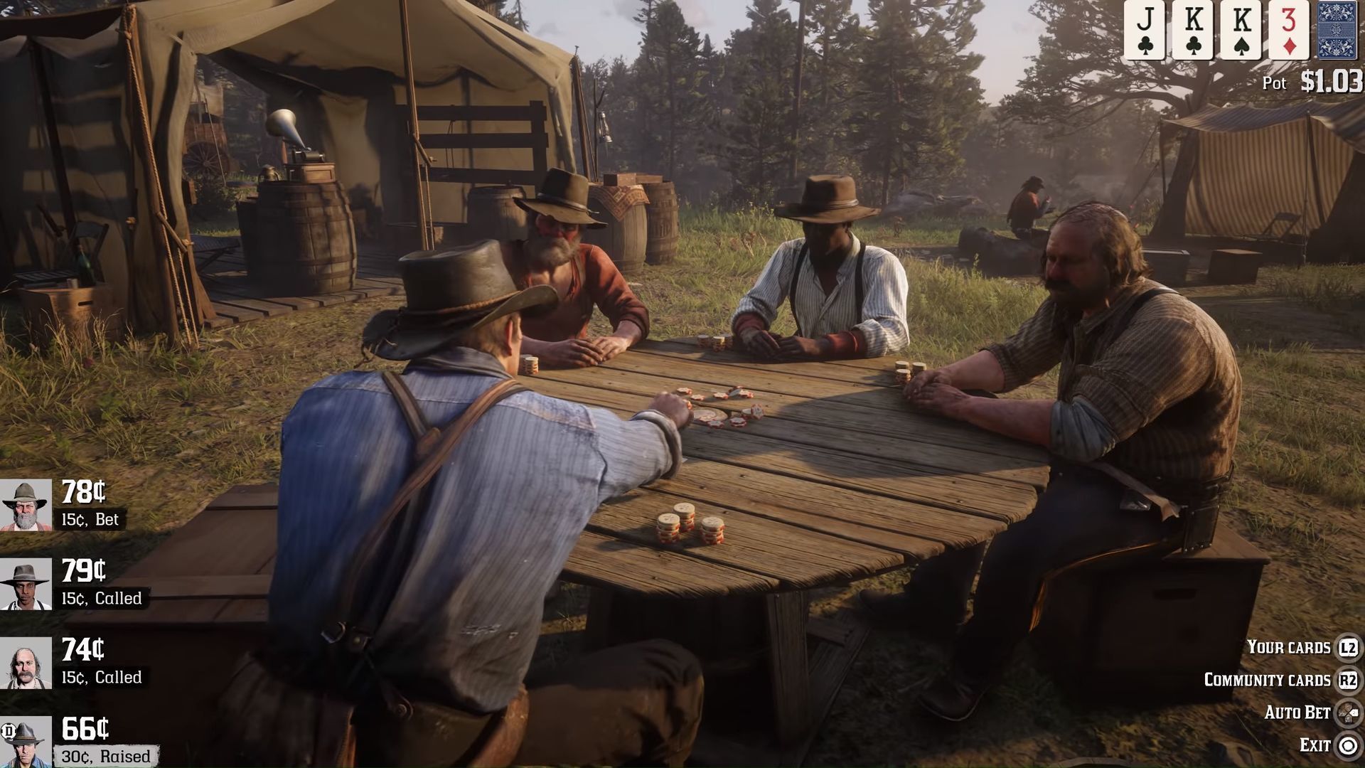 Screenshot aus dem Spiel Red Dead Redemption 2: zu sehen ist die Bande in ihrem Versteck, während sie eine feuchtfröhliche Runde Poker spielt. 