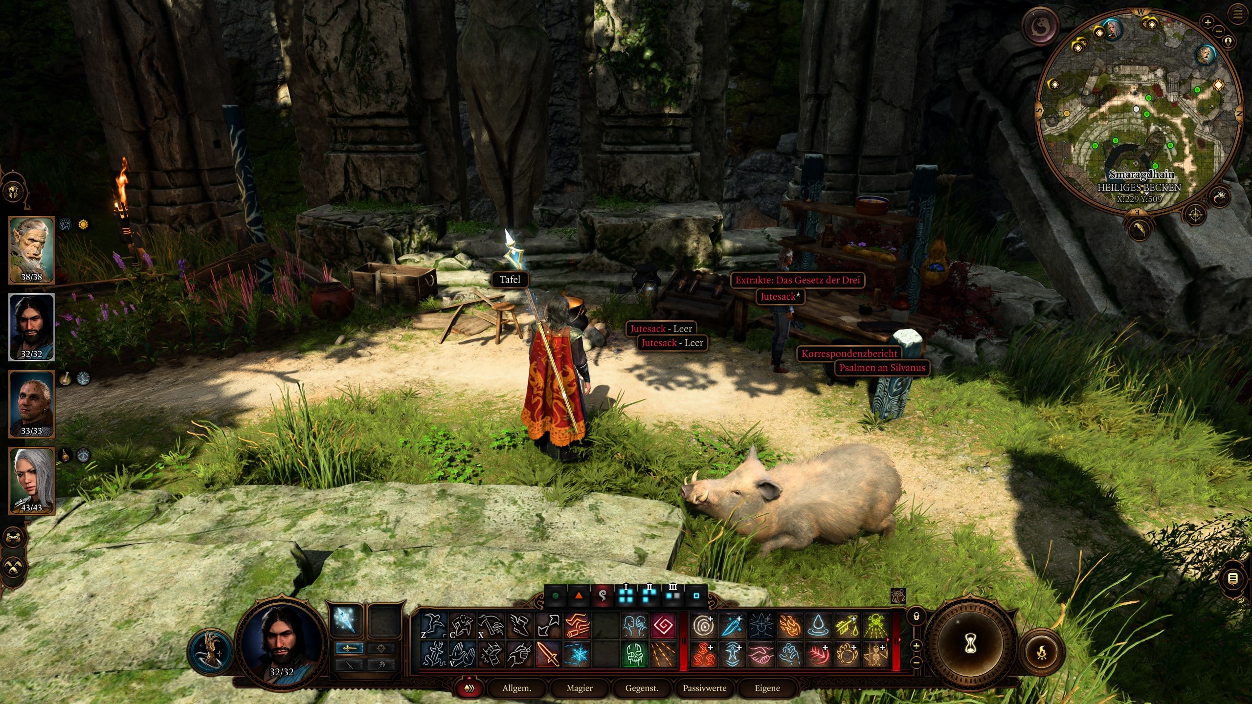 Screenshot von Baldur's Gate 3. Zu sehen ist ein Magier, der mit dem Shortcut Alt die Beschriftungen von Gegenstände angezeigt bekommt. 