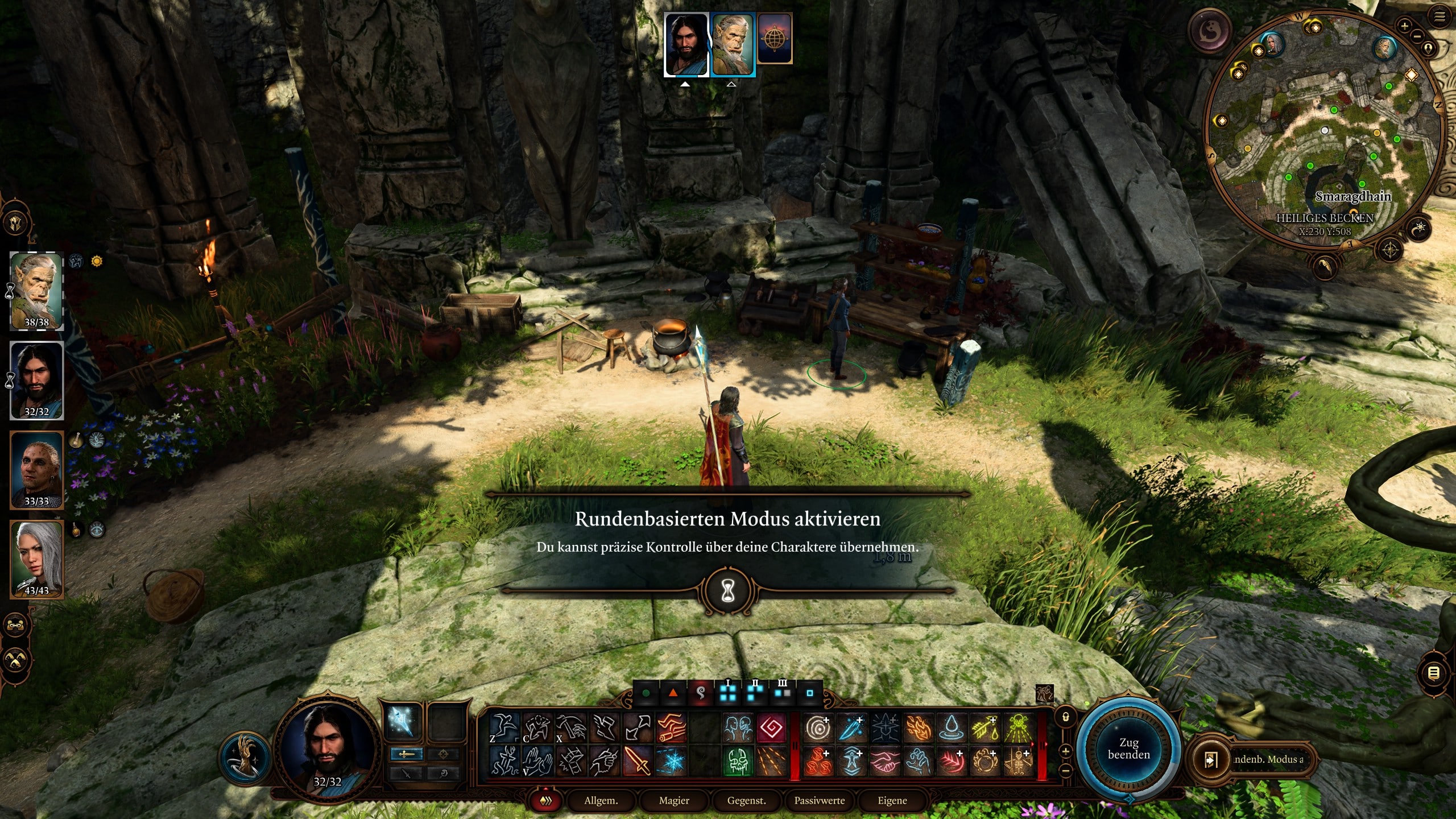 Screenshot von Baldur's Gate 3. Zu sehen ist ein Magier, der mit dem Shortcut Shift + Space den Rundenmodus gestartet hat. 