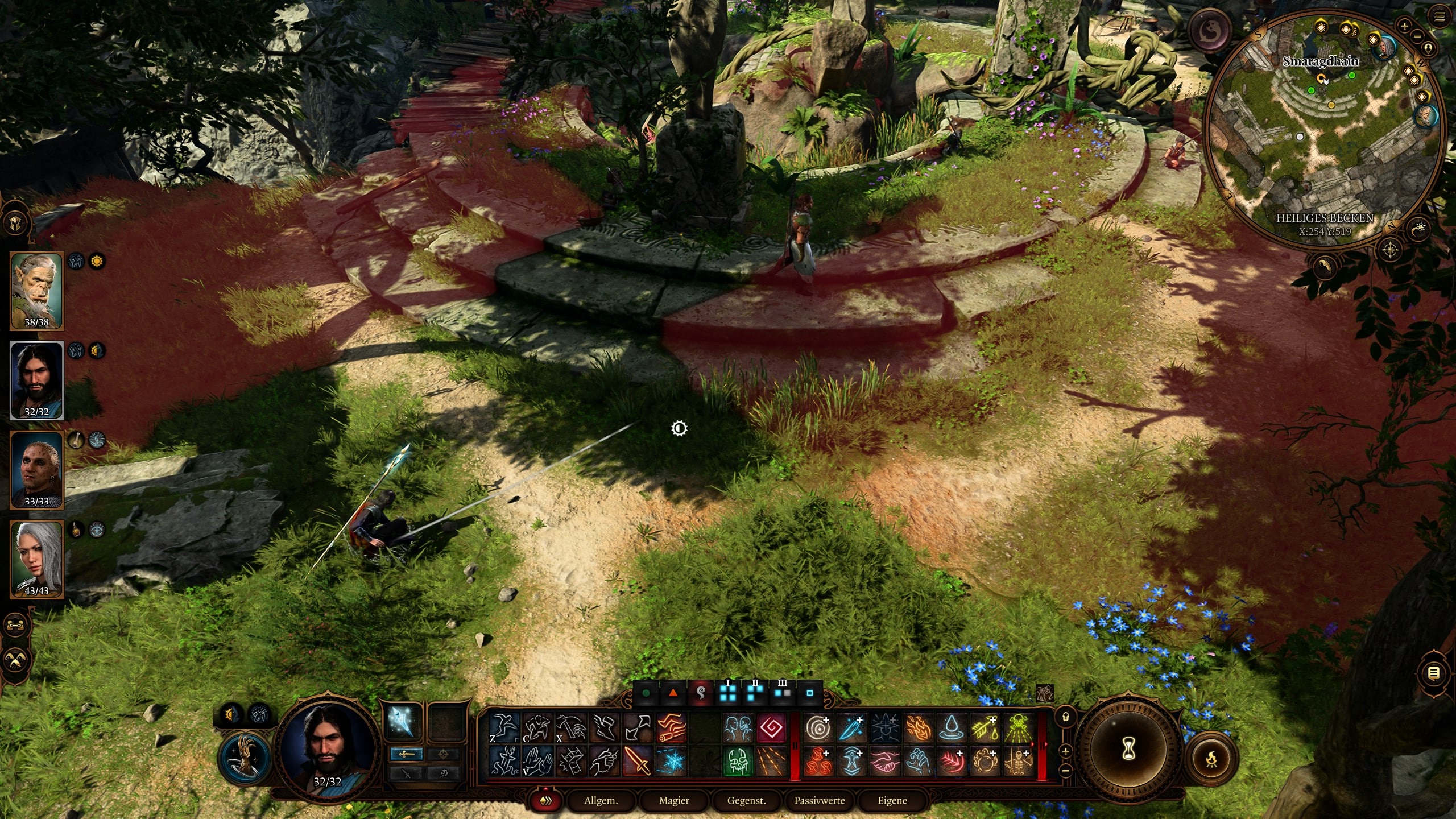 Screenshot von Baldur's Gate 3. Zu sehen ist ein Magier, der mit C in den Schleichmodus gewechselt ist und nun die Sichtbereiche der NPCs als rote Flächen angezeigt bekommt. 