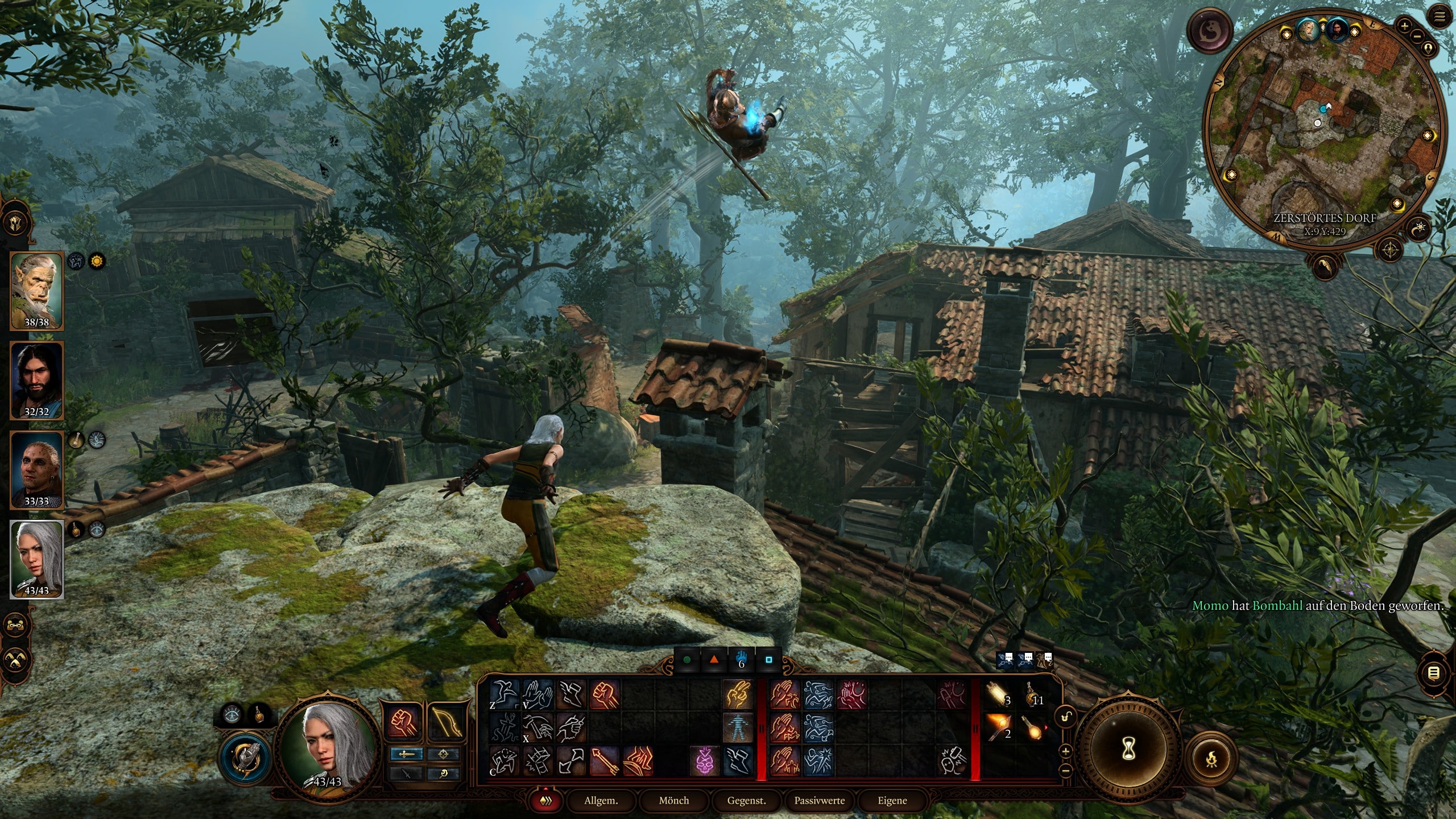 Screenshot von Baldur's Gate 3. Zu sehen ist ein Halbelfen-Mönch, der einen Halbling im hohen Bogen wirft. 