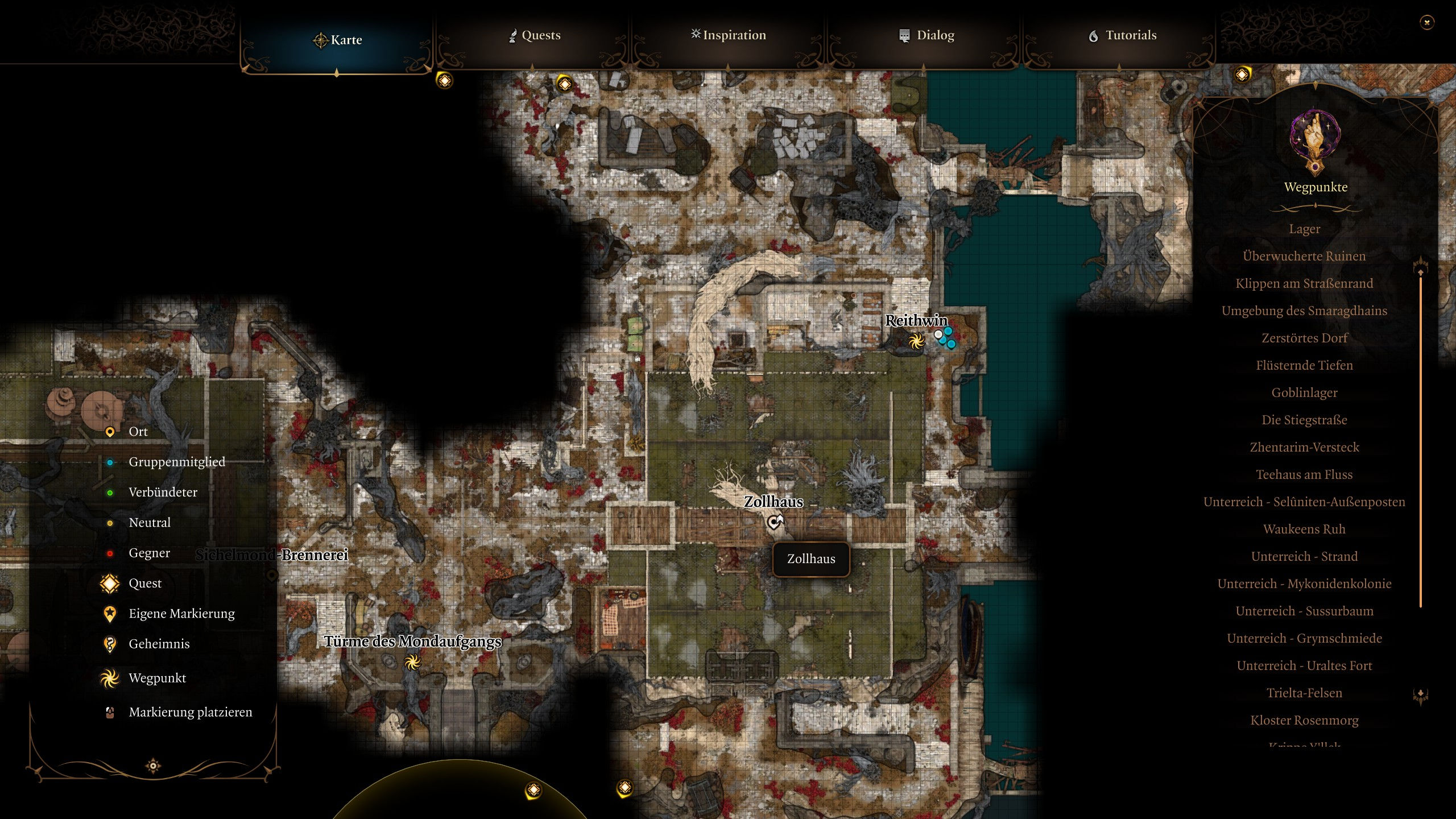 Screenshot Baldur's Gate 3. Zu sehen ist die Karte der Spielwelt, auf der das Zollhaus in den Schattenladen abgebildet ist. Auch ist der passende Schnellreisepunkt zu sehen. 