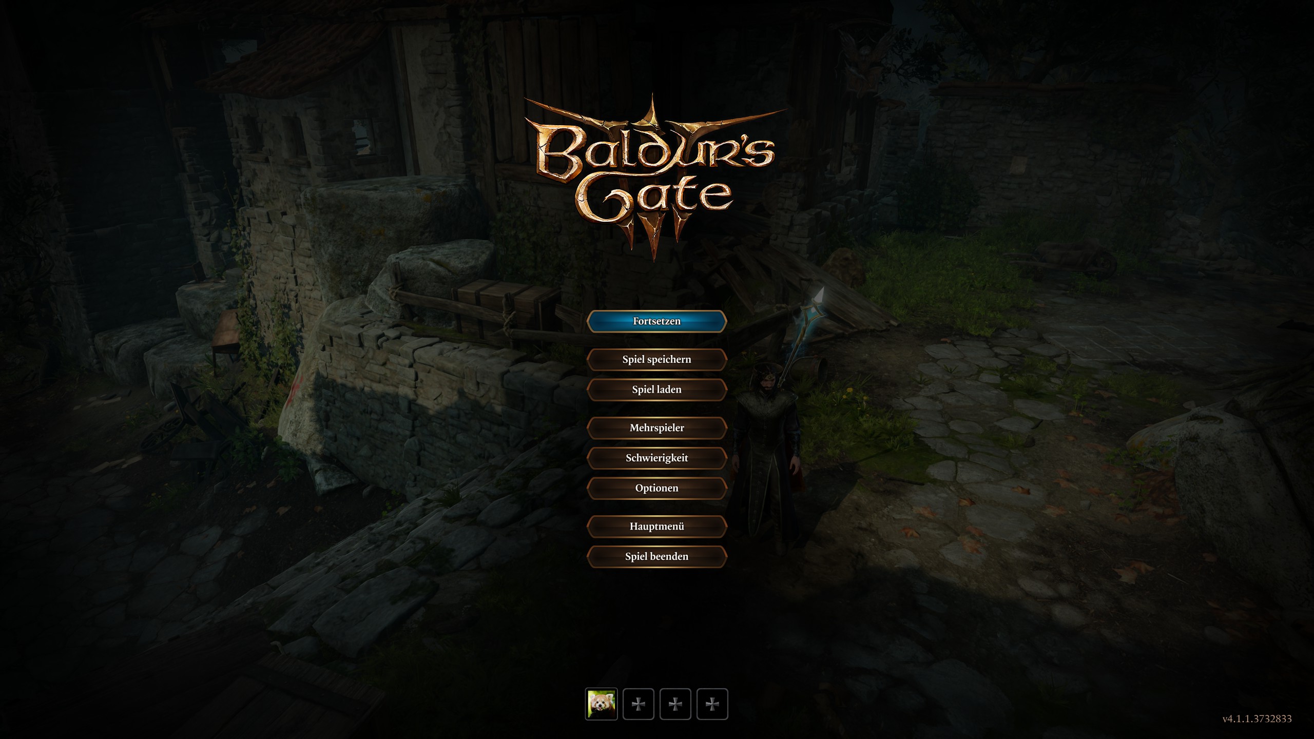 Screenshot von Baldur's Gate 3. Zu sehen ist das Pause-Menü, welches durch ESC-Taste geöffnet wird. Dort kann das Spiel geladen und gespeichert werden. Zudem lassen sich über die Optionen Einstellung ändern. 