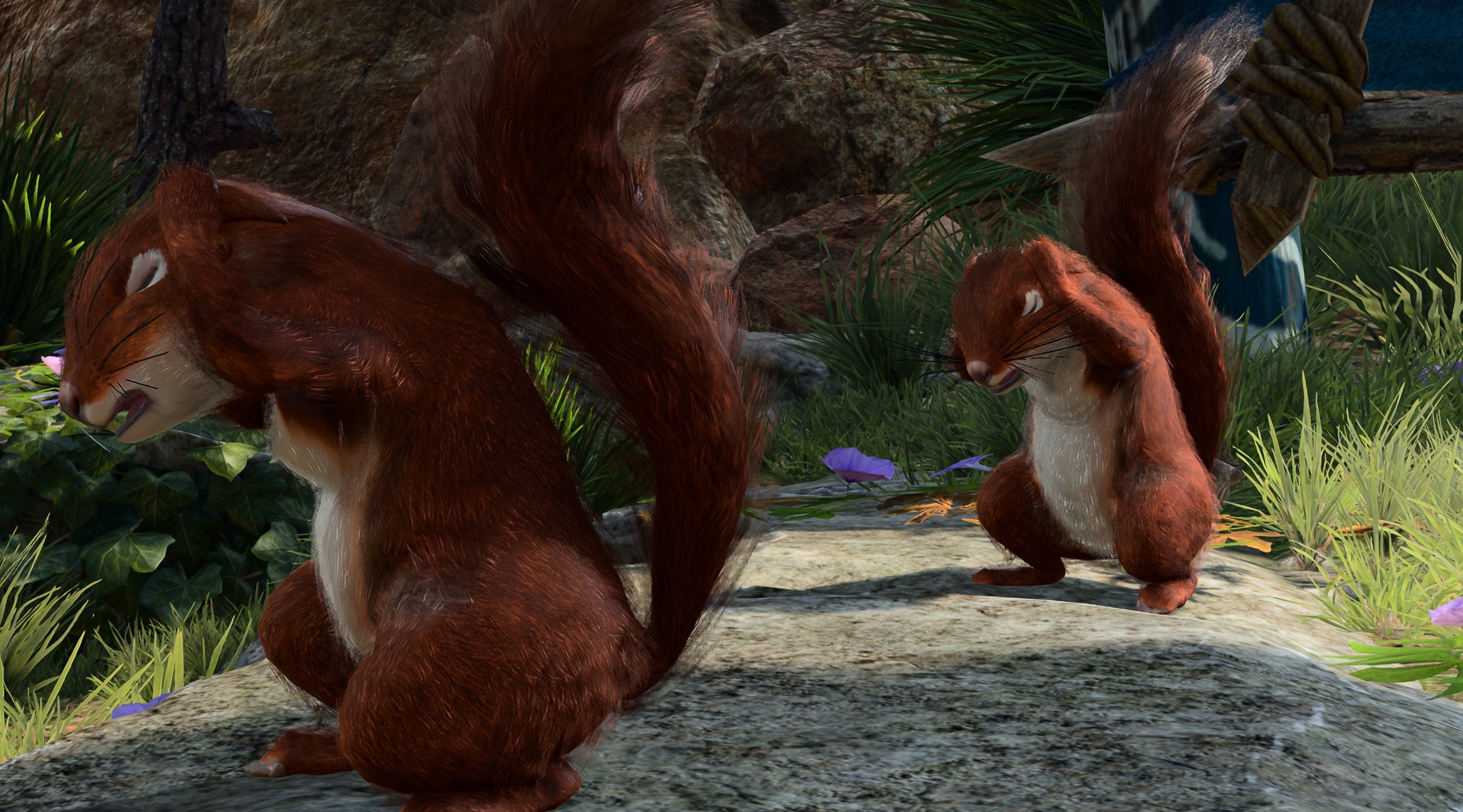 Screenshot von Baldur's Gate 3. Zu sehen sind zwei Eichhörnchen. Sie halten sich die Öhrchen zu und verziehen schmerzhaft das Gesicht. 