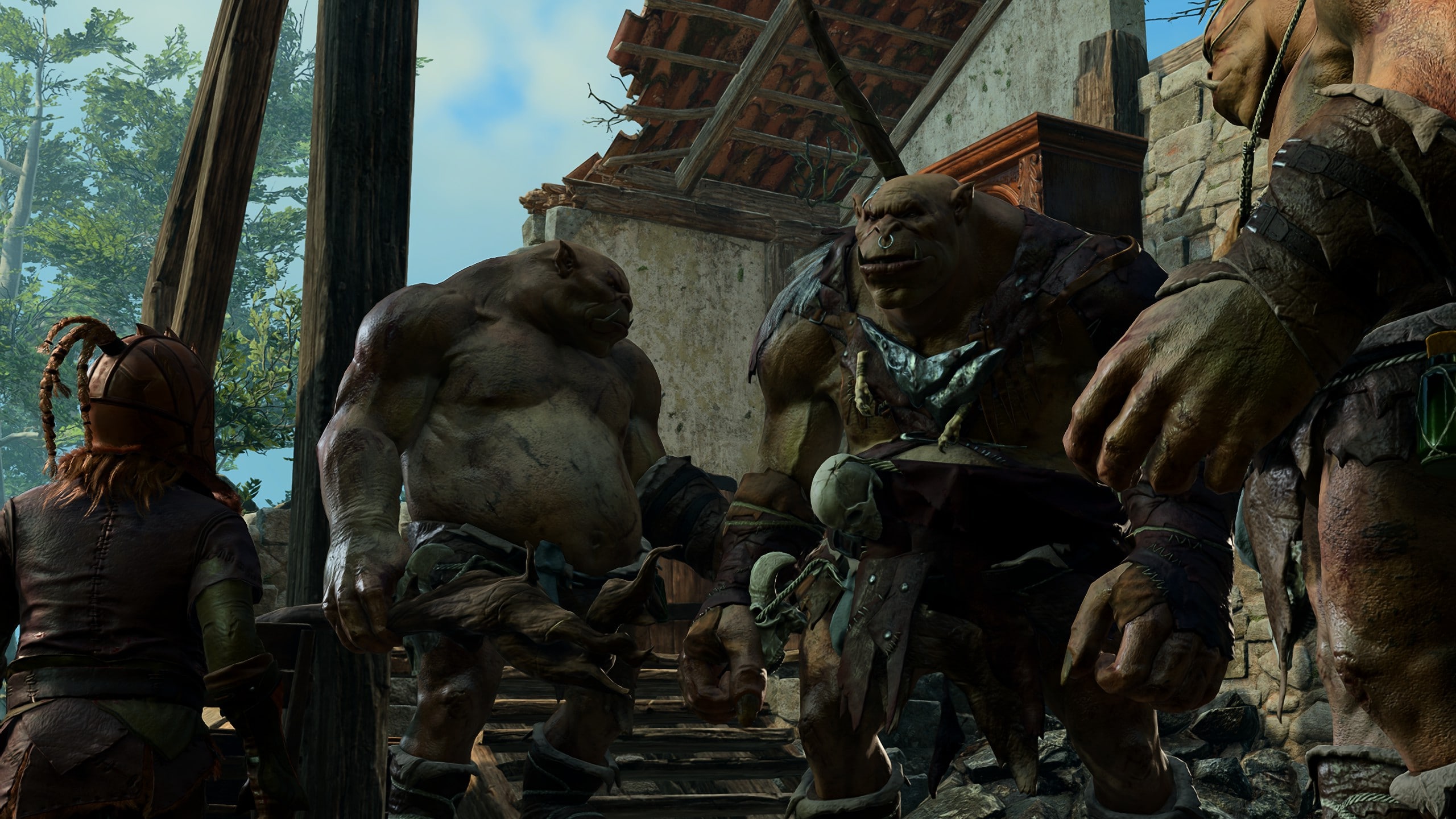 Screenshot von Baldur's Gate 3. Zu sehen sind Drei Oger, die in einem zerstörten Haus stehen. Ein Halbling steht in der Mitte und verhandelt mit den Ogern. 