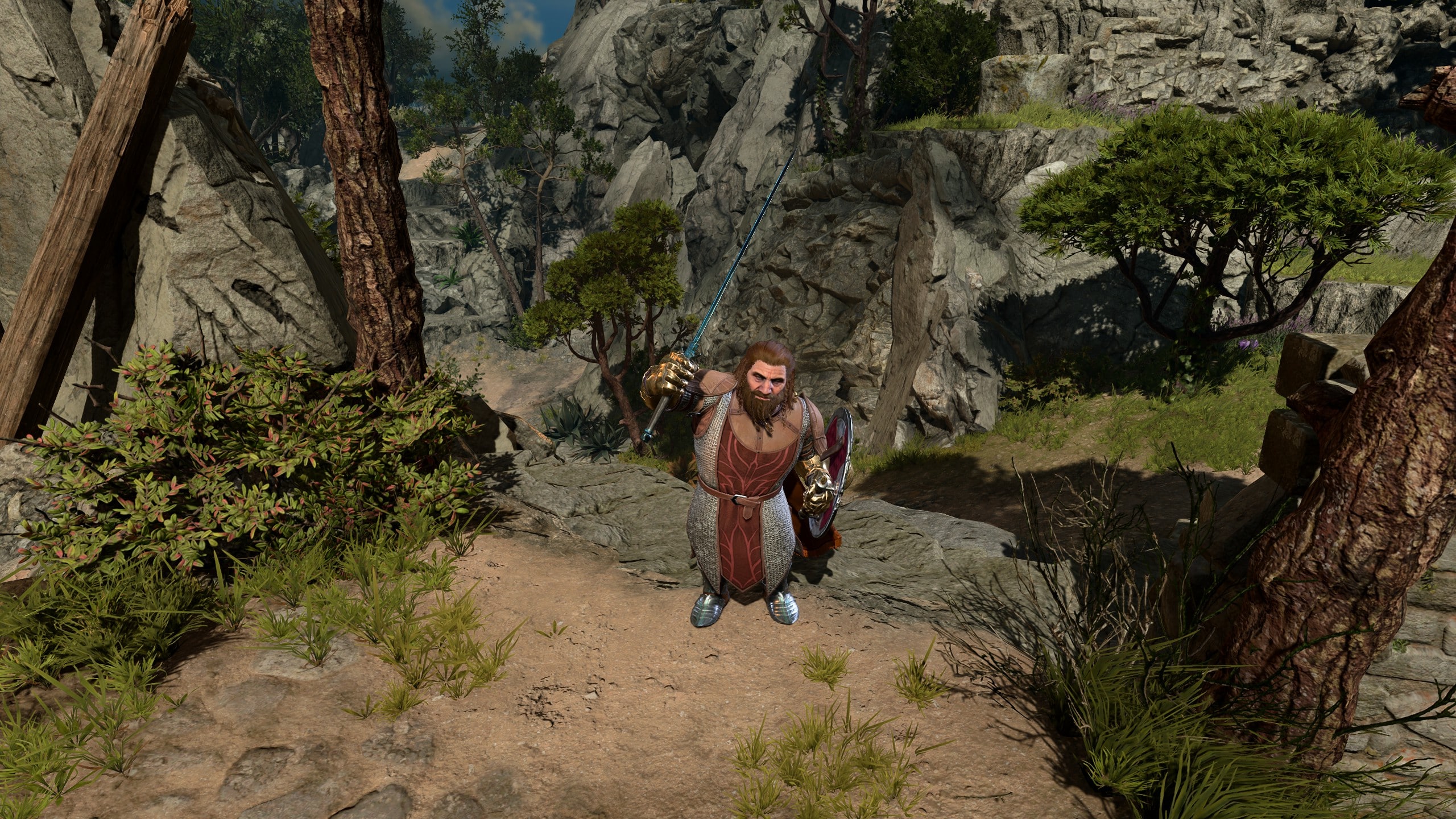 Screenshot aus Baldur's Gate 3. Zu sehen ist ein Zwergen-Paladin, der seine Waffe zieht. 