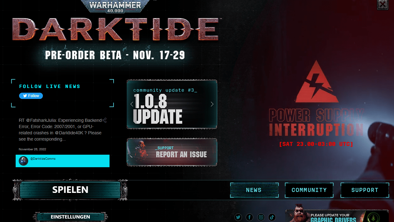Zu sehen ist der Launcher des Spiels Darktide. Dargestellt ist ein Interface, in welchem Einstellungen angepasst und das Spiel gestartet werden kann. Zusätzlich sind einige Social Media Kanäle und Update Informationen zu sehen. 