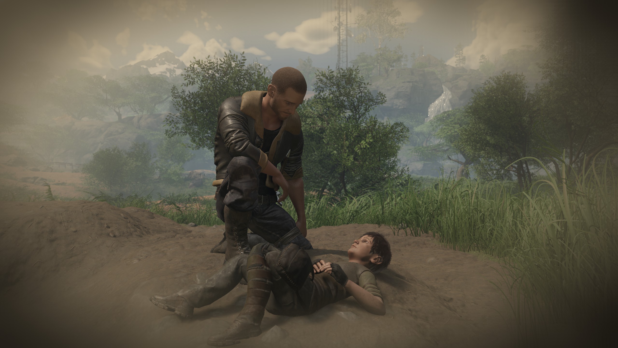 Screenshot aus Elex 2. Zu sehen ist die Hauptfigur Jax, der mit seinem Sohn in einem Rückblick zu sehen ist. Jax beugt sich über seinen Sohn, der am Boden liegt und sich den Bauch hält. 