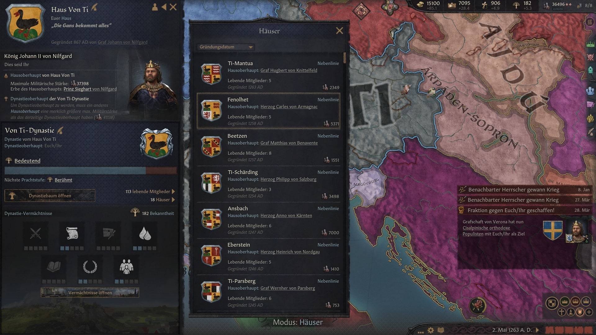 Dargestellt ist ein Screenshot aus der Mittelalter-Simulation Crusader Kings 3. Zu sehen ist die Dynastie des Spielers zahlreiche Unter-Dynastien, die sich im Verlauf des Spiels gebildet haben. 