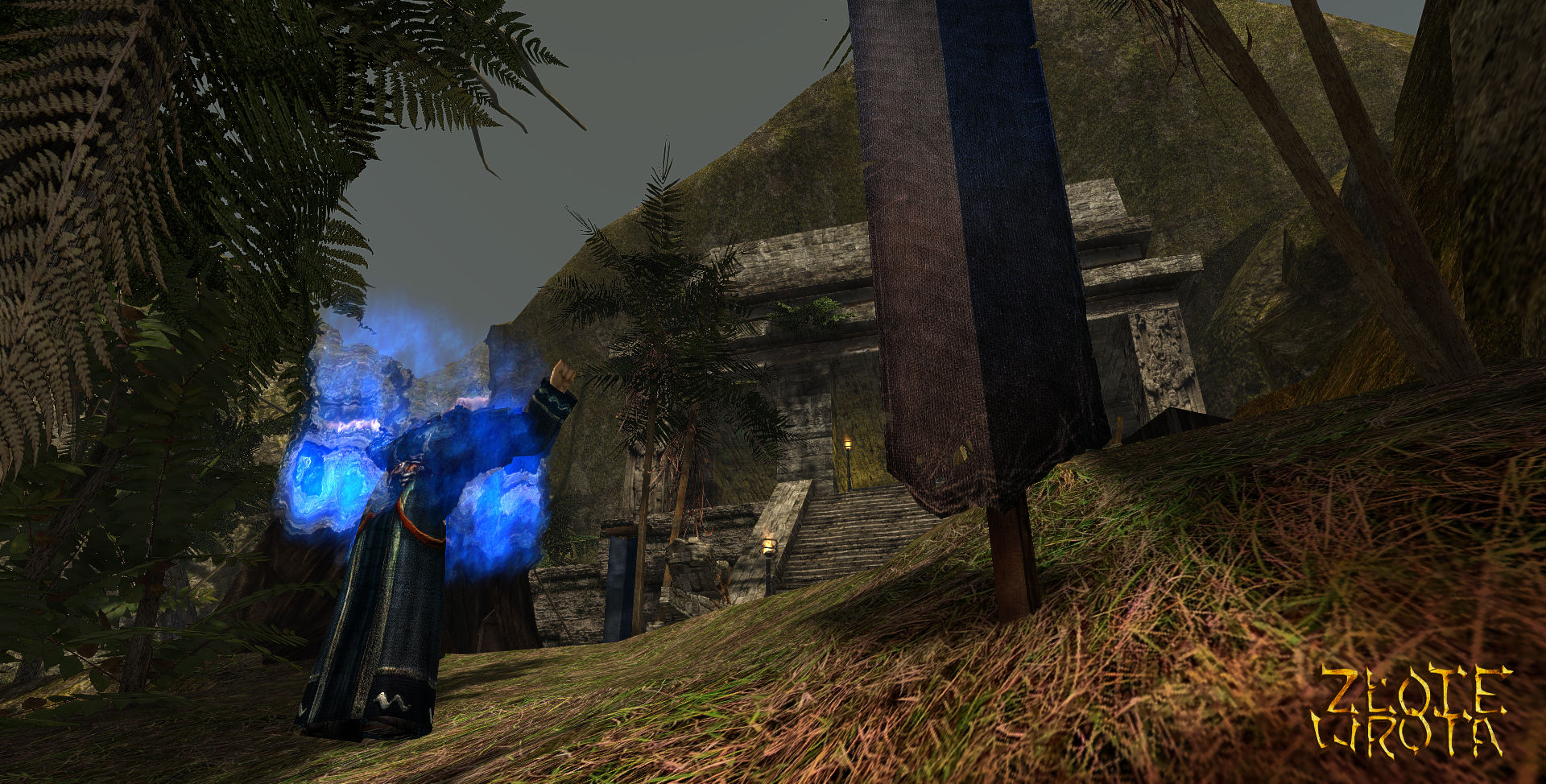 Screenshot der Gothic-2-Mod Das Goldene Tor. Zu sehen ist Wassermagier, der einen Zauber wirkt. Im Hintergrund ist ein Tempel der Erbauer zu sehen. 