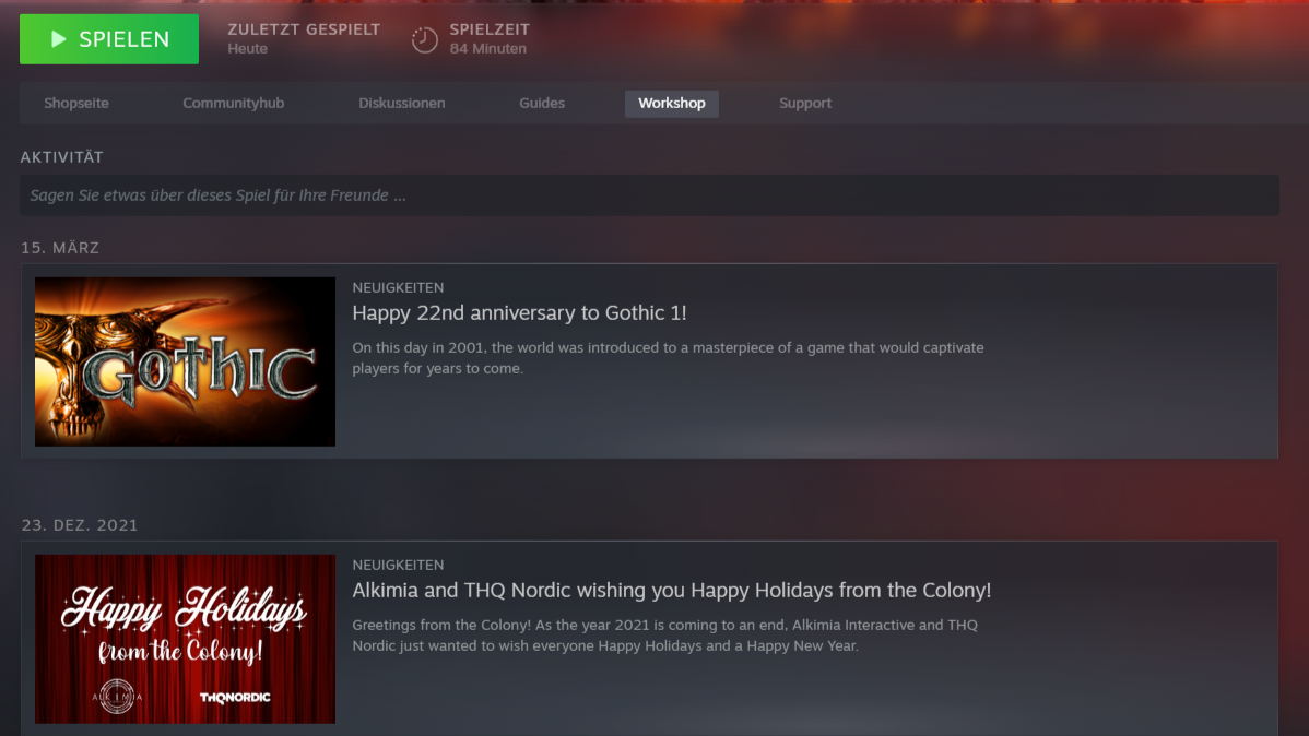 Screenshot aus Steam. Zu sehen ist die Steam-Bibliothek, in der welcher Gothic 1 Classic ausgewählt wurde. Hervorgehoben ist der Button „Workshop“. 