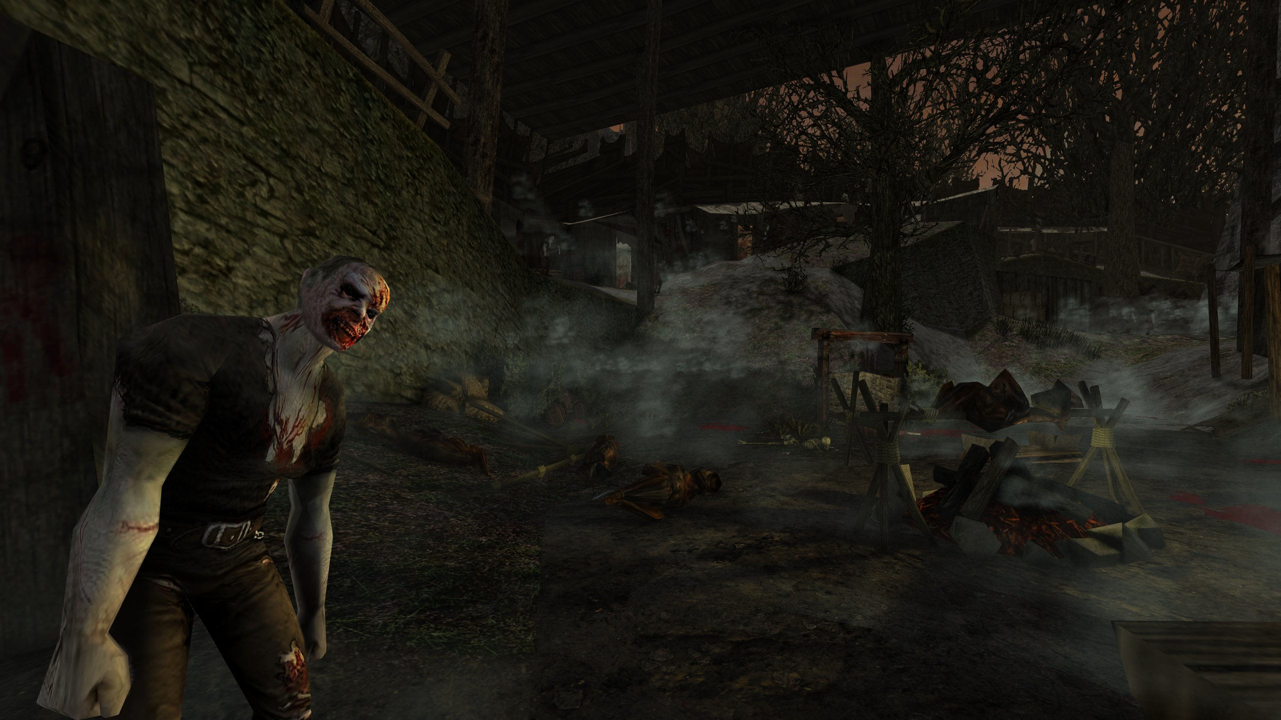 Screenshot aus der Gothic 1 Mod Dolina Zombie. Zu sehen ist das Alte Lager, welches in Trümmern liegt. Durch die Überreste des Alten Lagers streifen Zombies umher.