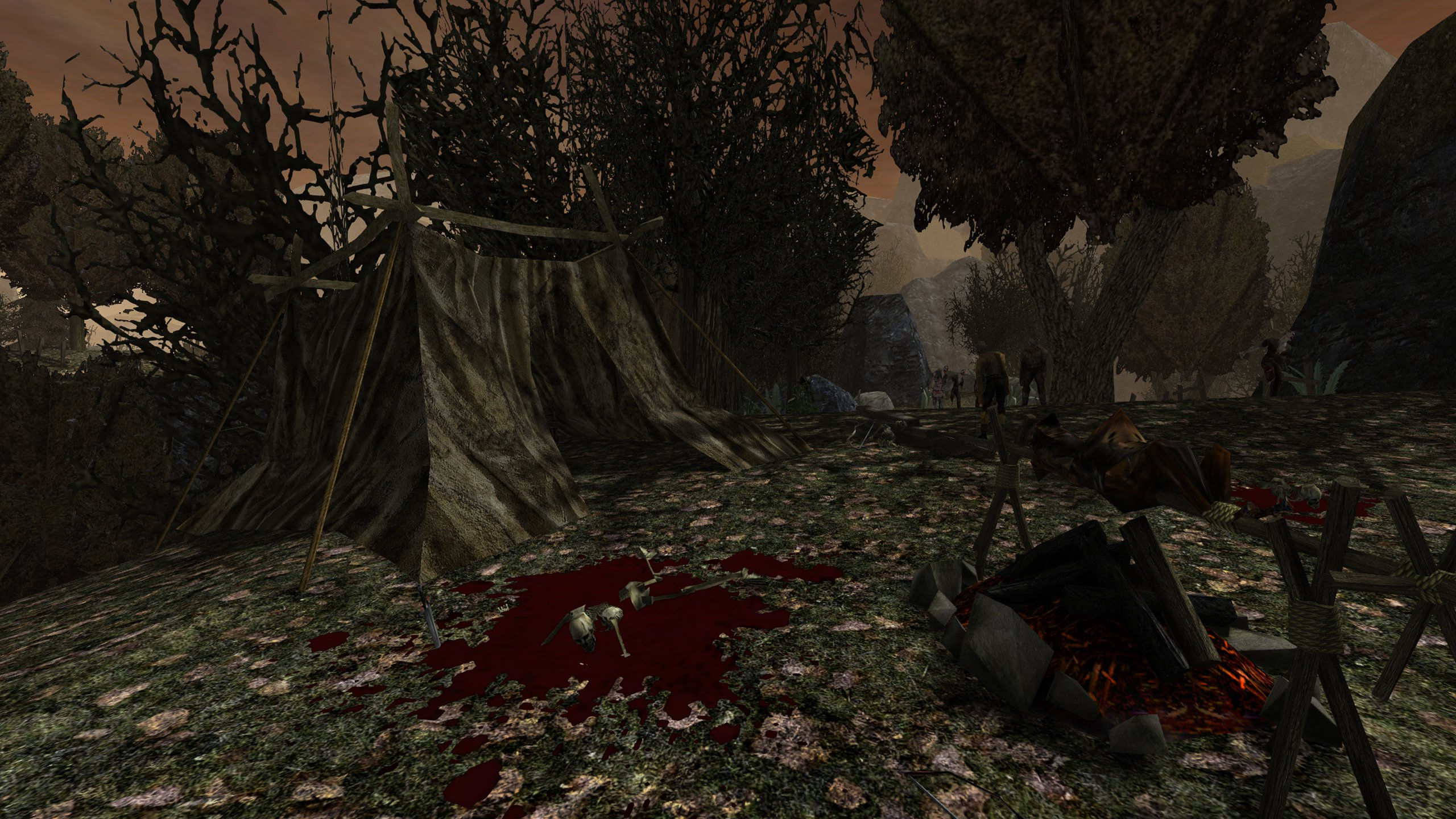 Screenshot aus der Gothic 1 Mod Dolina Zombie. Zu sehen ist ein Teil des Minentals, welches von Zombies überrannt wurde. Ein verlassenes Zelt ist um Vordergrund zu sehen, während im Hintergrund zahlreiche Zombies zu sehen sind. 