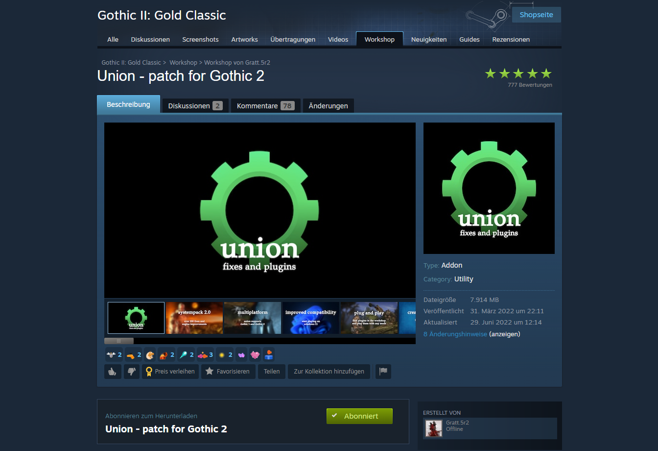 Zu sehen ist ein Screenshot des Steam-Workshops für Gothic 2. Zu sehen ist die Mod „Union – patch for Gothic 2“. 
