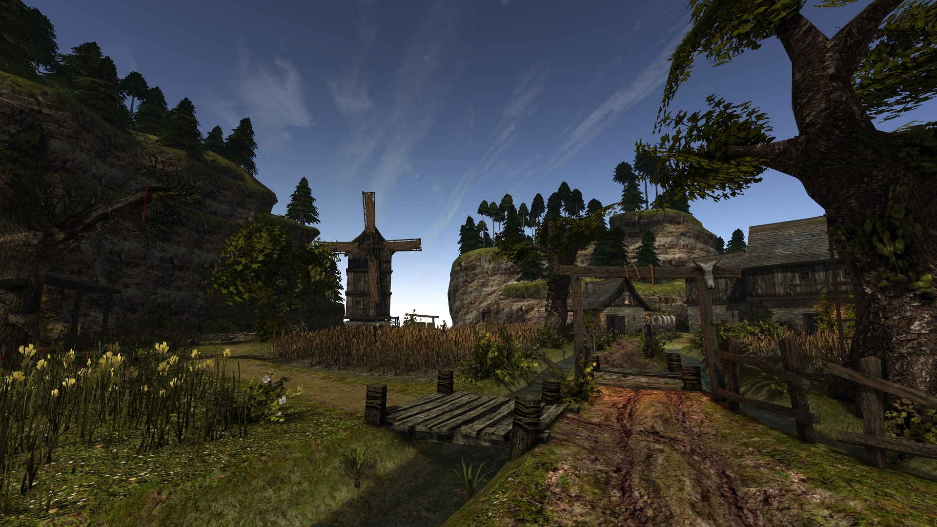 Screenshot aus der Gothic-2-Mod Archolos. Zu sehen ist ein Bauerngut mit Feldern, Wirtschaftsgebäuden und einer Mühle. 