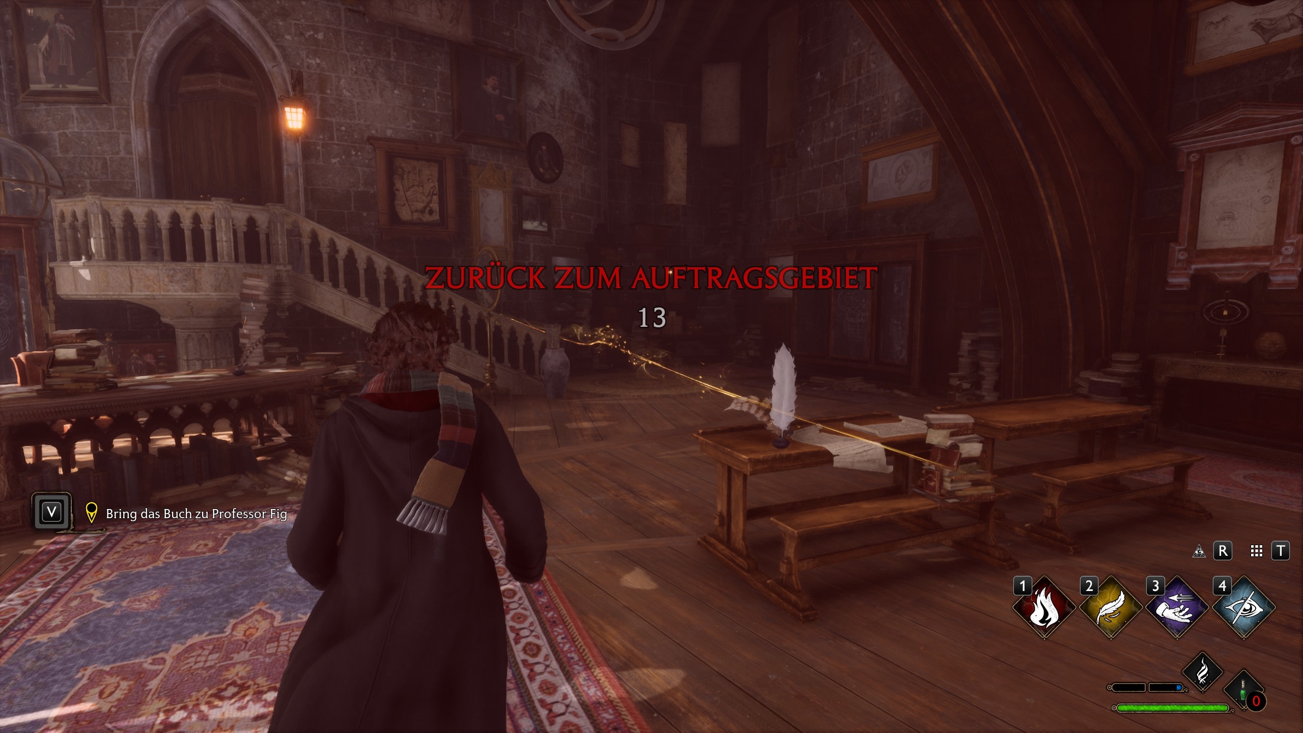Dieser Screenshot von Hogwarts Legacy zeigt die Spielfigur, als sie das Auftragsgebiet kurz verlassen hat. Ein roter Filter liegt über dem Bild und eine Counter zählt herunter. In der Mitte in roter Schrift steht: ZURÜCK ZUM AUFTRAGSGEBIET
