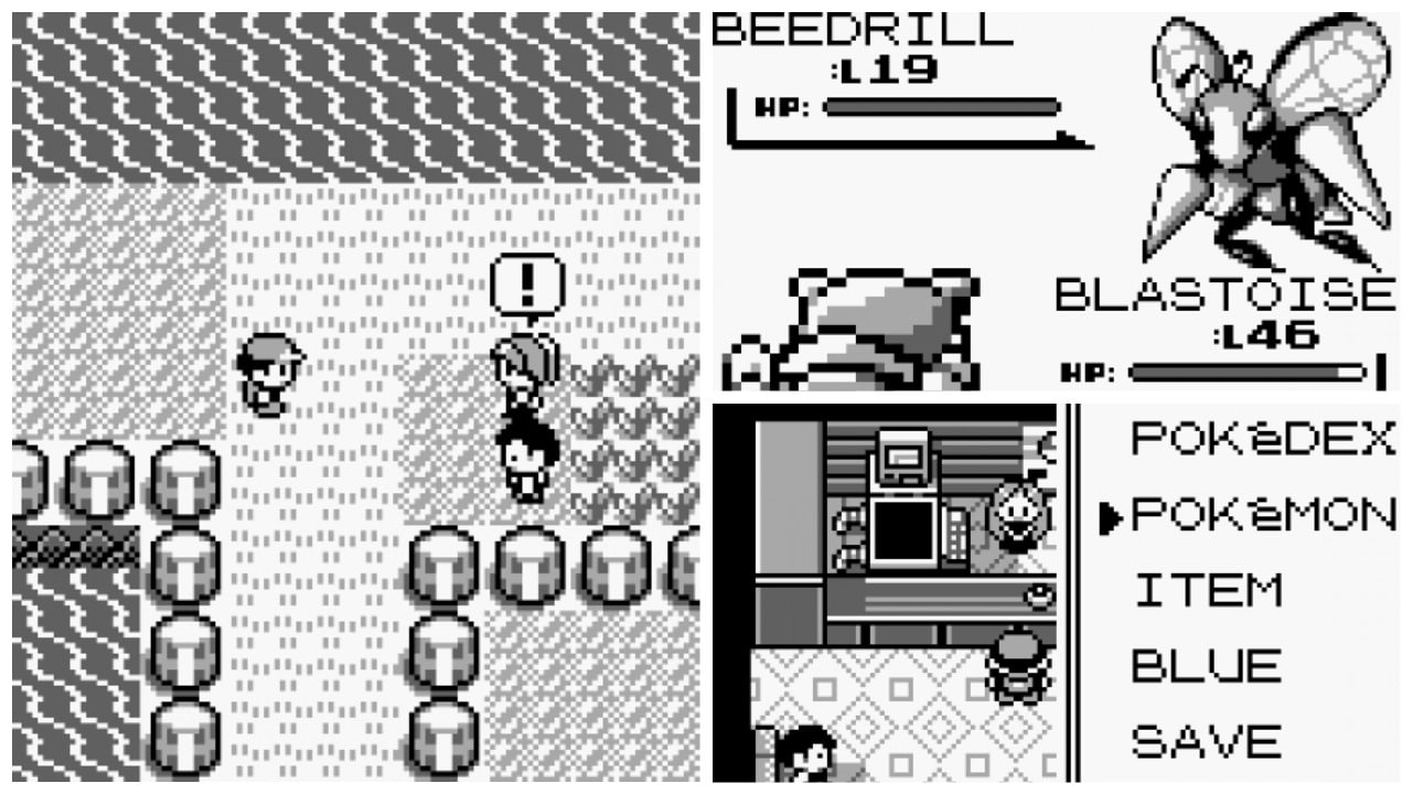 Zu sehen ist eine Collage aus drei Screenshots aus einem frühen Pokémon Spiel für den Gameboy „Edition Blau“. Der erste Screenshot zeigt die Spielfigur in der Außenwelt, wo er auf einen anderen Trainer trifft, welcher er herausfordern kann. Der nächste Screenshot zeigt den Kampf von zwei Pokémon. Der dritte Screenshot zeigt einen Dialog im Pokécenter in der Stadt. 