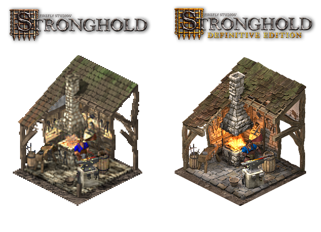 Zu sehen ist die Schmiede in Stronghold und Stronghold Definitive Edition im direkten Vergleich. In der neuen Varianten sind mehr Details und höher aufgelöste Texturen zu sehen. 