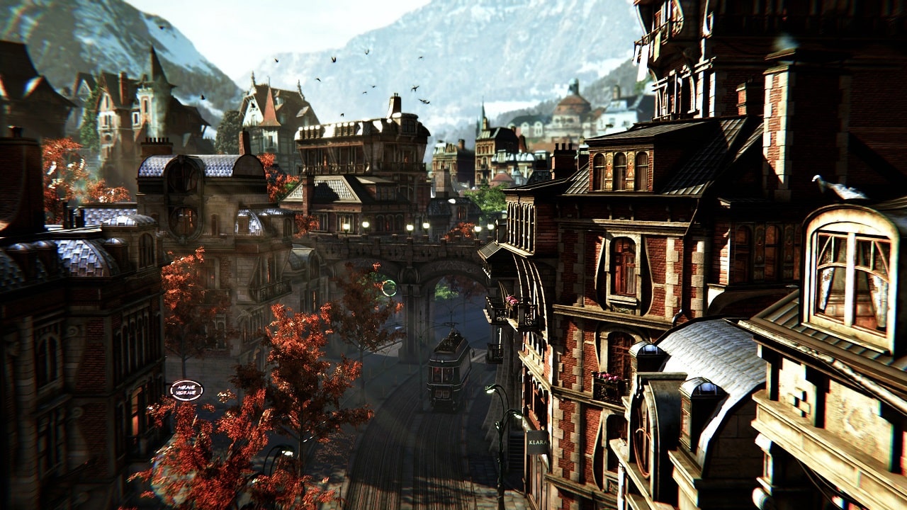 Screenshot aus dem Spiel Syberia: The World Before. Zu sehen ist die fiktive Stadt Vaghen, im Hintergrund sind schneebedeckte Berge.