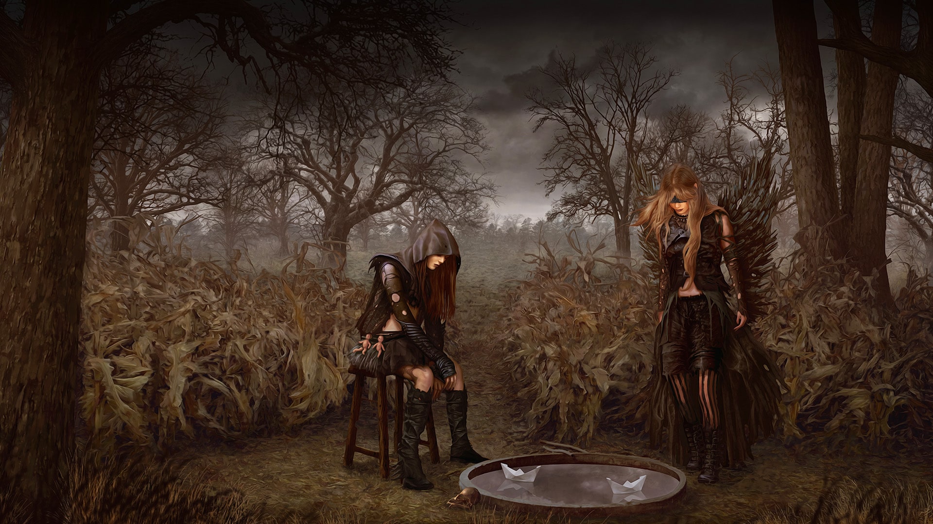 Screenshot aus dem Spiel Tormentum 2. Zu sehen sind zwei Frauen, die auf einer düsteren Lichtung Papierbötchen in einem kleinen Wasserbecken fahren lassen. 