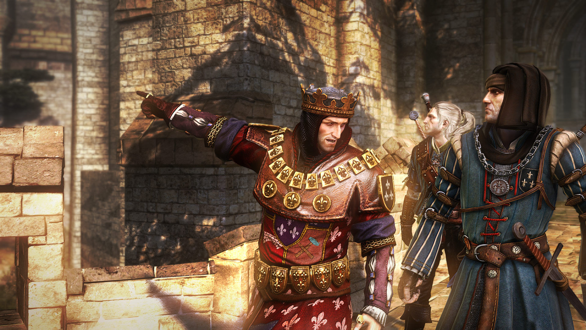 Screenshot aus dem Spiel The Witcher 2: Assassins of Kings. Zu sehen ist König Foltest, der seinem Kommandanten Vernon Roche und Hexer Geralt während einer Belagerung die Richtung weist. 