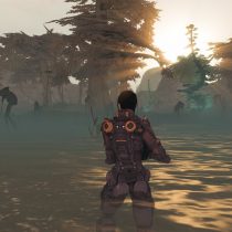 Screenshot des Spiels Entropia Universe. Eine Raumfahrerin durchstreift einen Sumpf. Einige fremdartige Aliens mit langen Beinen stehen im Sumpf.