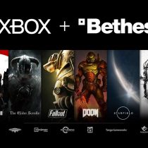 Zu sehen ist ein Marketingbild zur Übernahme von Bethesda durch Microsoft. Zu sehen sind beide Firmen-Logos, darunter Bilder der großen Spiele-Marken von Bethesda und der Entwickler-Studios.
