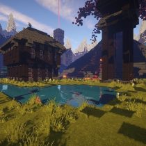 Zu sehen ist einen Screenshot aus dem Spiel Minecraft. Ein Haus steht an einem See. Umgeben ist die Szenerie von mächtigen Bergen.