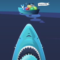 Zu sehen ist ein Werbebild des VPN-Anbieters Surfshark im Comic-Stil. Dargestellt ist ein kleines Ruderboot, auf dem sich zahlreiche bunte Kugeln mit Augen tummeln. Auf einer kleinen Flagge am Boot steht folgendes: „Overprices VPNs“. Unter dem Boot ist ein gigantischer Haifisch zu sehen, der gierig auf das Boot schaut.