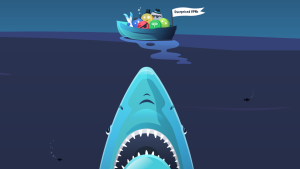 Zu sehen ist ein Werbebild des VPN-Anbieters Surfshark im Comic-Stil. Dargestellt ist ein kleines Ruderboot, auf dem sich zahlreiche bunte Kugeln mit Augen tummeln. Auf einer kleinen Flagge am Boot steht folgendes: „Overprices VPNs“. Unter dem Boot ist ein gigantischer Haifisch zu sehen, der gierig auf das Boot schaut.