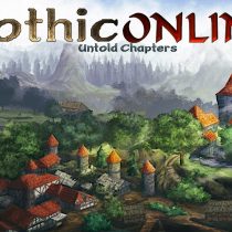Zu sehen ist eine Zeichnung, welche die Stadt Khorinis aus Gothic 2 von oben zeigt. Über der Szenerie ist der Titel „Gothic Online: Untold Chapters“ zu lesen.