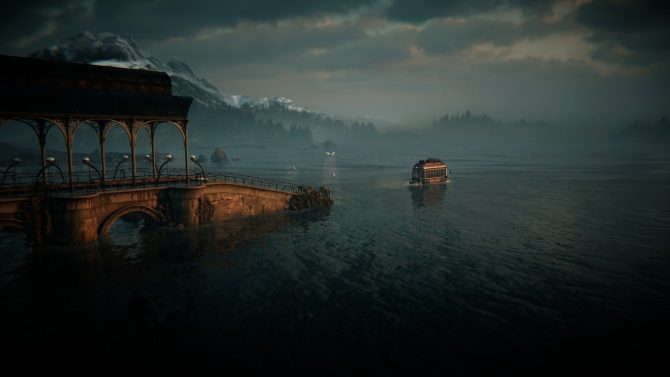 Screenshot aus dem Spiel Syberia: The World Before. Zu sehen ist eine der mechanischen Steampunk-Straßenbahnen, die auf einem See fährt. Im Hintergrund ist eine düstere Berglandschaft zu sehen.