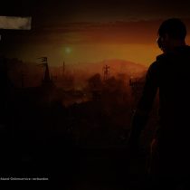 Screenshot aus dem Startmenü von Dying Light 2: zu sehen ist der Hauptcharakter, welcher in die Ferne und dabei auf die Dächer einer postapokalyptischen Stadt blickt. Zudem sind die Menüpunkte des Spiels zu sehen, wobei der Punkt „Fortsetzen“ angeklickt wurde.