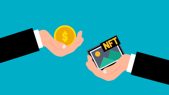 Symbolbild. Dargestellt ist eine einfache Illustration eines Handels. Auf der einen Seite bietet eine Hand einen „Coin“ einer Kryptowährung an, während auf der anderen Seite eine Hand ein Bild mit der Beschriftung „NFT“ anbietet.