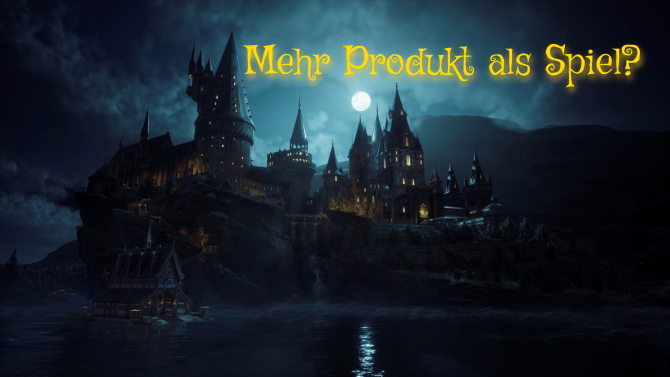 Dargestellt ist ein Screenshot aus dem Harry-Potter-Spiel Hogwarts Legacy. Zu sehen ist das Schloss Hogwarts im Mondschein. Die Fenster sind erleuchtet, vor dem Schloss ist der große See zu sehen. Im Hintergrund am Himmel steht der Text: Mehr Produkt als Spiel?