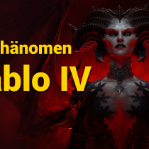 Dargestellt ist die Figur Lilith aus dem Spiel Diablo 4, die den bedrohlichen Blick auf den Betrachtet richtet. Im Vordergrund steht geschrieben: „Das Phänomen Diablo 4“