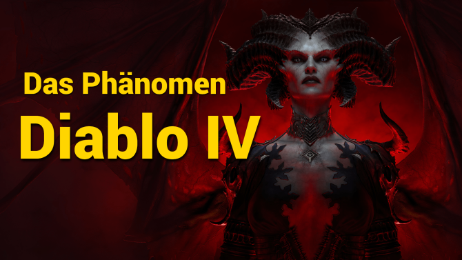 Dargestellt ist die Figur Lilith aus dem Spiel Diablo 4, die den bedrohlichen Blick auf den Betrachtet richtet. Im Vordergrund steht geschrieben: „Das Phänomen Diablo 4“