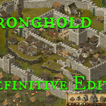 Screenshot der Stronghold Definitive Edition. Zu sehen ist eine große Burg, mit zahlreichen Wirtschaftsgebäuden, Türmen und Soldaten. Im Vordergrund steht in großen Buchstaben geschrieben: „ Stronghold Definitive Edition“