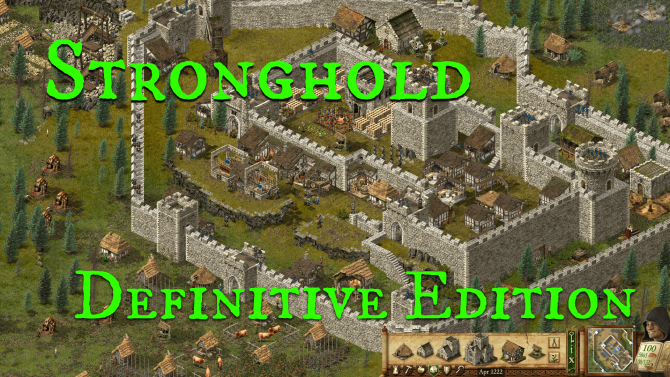 Screenshot der Stronghold Definitive Edition. Zu sehen ist eine große Burg, mit zahlreichen Wirtschaftsgebäuden, Türmen und Soldaten. Im Vordergrund steht in großen Buchstaben geschrieben: „ Stronghold Definitive Edition“