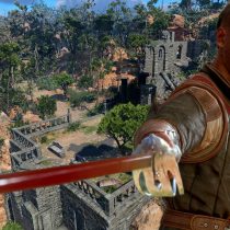 Screenshot aus dem Spiel Baldur's Gate 3. Zu sehen ist eine wunderschöne Landschaft, in der verfallene Ruinen auf Abenteurer warten. Im Vordergrund ist der Charakter Wyll, der mit einem gezogenen Säbel und einem Lächeln zum Betrachter blickt.