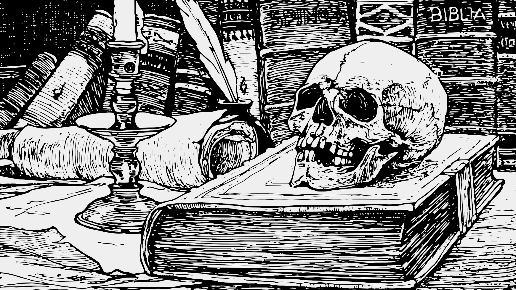 Symbolbild für die Katakomben von Buchhaim: Zu sehen ist eine schwarz-weiß-Zeichnung, die einen voll beladenen Schreibtisch zeigt. Auf dem Schreibtisch sind Papiere, eine Schreibfeder, ein Totenschädel und eine Kerze. Im Hintergrund sind zahlreiche dicke Folianten aneinandergereiht. 