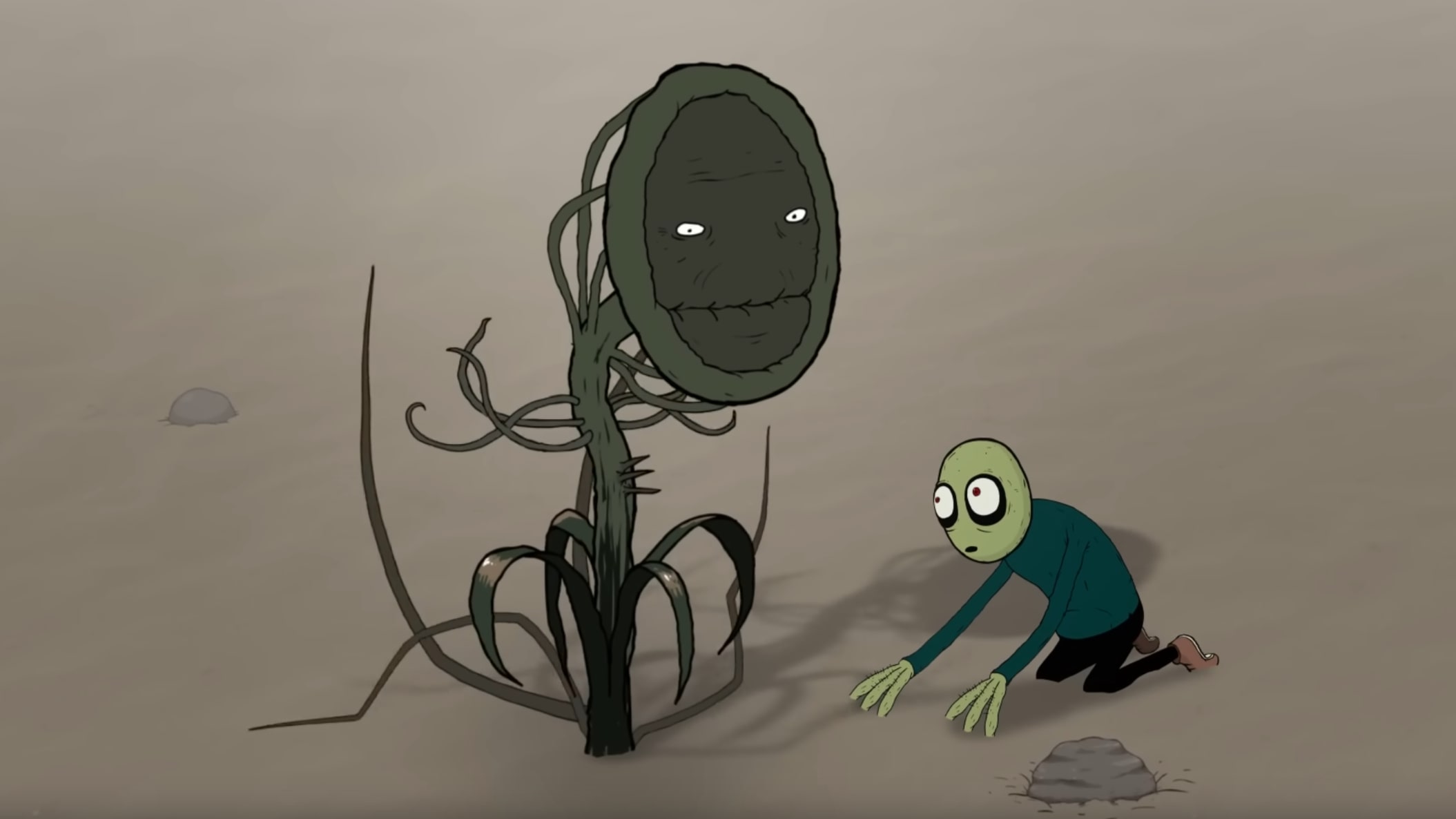 Screenshot aus der Animationsserie Salad Fingers von David Firth. Zu sehen ist die Titelfigur, wie sie in einer Einöde vor einer großen Pflanze hockt. Die Pflanze hat ein Gesicht und Augen. 
