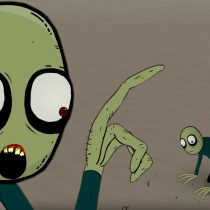 Screenshot aus der Animationsserie Salad Fingers von David Firth. Zu sehen ist die Titelfigur, wie sie in einer Einöde vor einem kleinen Pflänzchen hockt. Im Vordergrund ist vergrößert die Figur Salad Fingers erneut dargestellt, wie sie den Finger hebt.