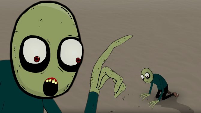 Screenshot aus der Animationsserie Salad Fingers von David Firth. Zu sehen ist die Titelfigur, wie sie in einer Einöde vor einem kleinen Pflänzchen hockt. Im Vordergrund ist vergrößert die Figur Salad Fingers erneut dargestellt, wie sie den Finger hebt.
