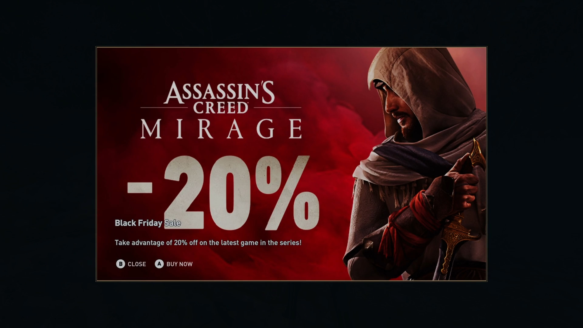 Screenshot aus einem Video von Assassin's Creed Odyssey. Zu sehen ist Pop-Up-Werbung für Assassin's Creed Mirage, welches im Black Friday Sale 20 Prozent Rabatt erhalten hat. 