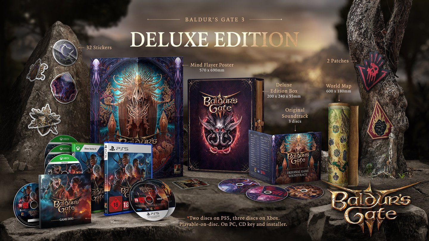 Zu sehen ist der Inhalt der physischen Baldur's Gate 3 Deluxe Edition. Zu sehen ist die Box, die Spiele auf Disc, der Soundtrack, Aufkleber, Patches, ein Poster und eine Karte. 