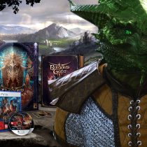 Im Hintergrund ist ein Screenshot von Baldur's Gate 3 und einige Inhalte der physischen Deluxe Edition des RPGs zu sehen. Im Vordergrund sehen wir einen Drachengeborenen, der vergrößert dargestellt ist und fragend schaut.