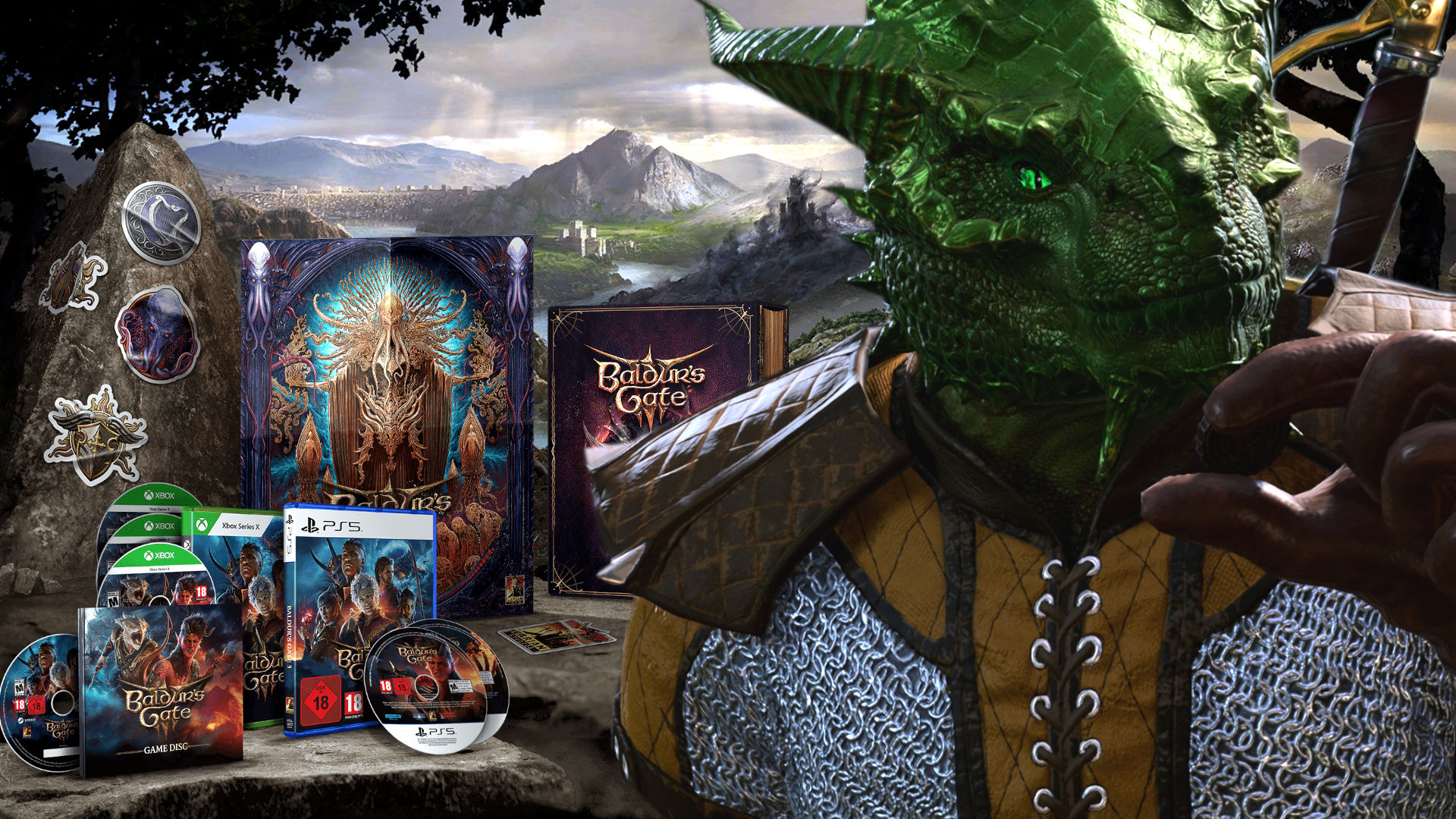 Im Hintergrund ist ein Screenshot von Baldur's Gate 3 und einige Inhalte der physischen Deluxe Edition des RPGs zu sehen. Im Vordergrund sehen wir einen Drachengeborenen, der vergrößert dargestellt ist und fragend schaut.